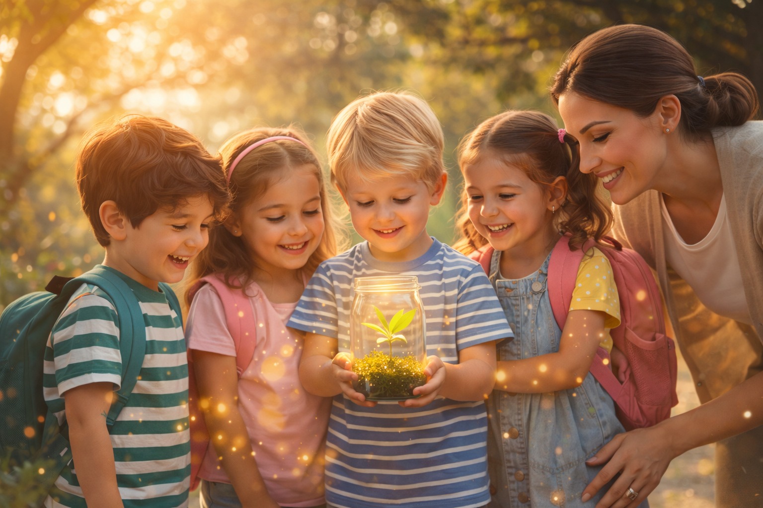 Happy children exploring nature with a teacher at ABC Play School lancohills,manikonda